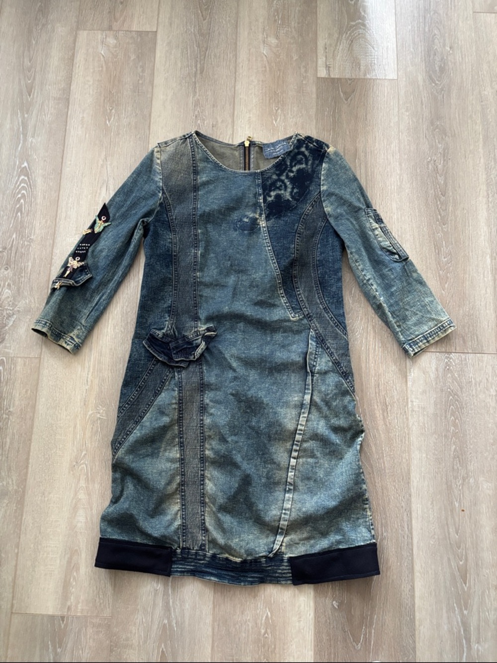 Elisa Cavaletti Distressed Denim Midi Dress in Washed Blue pit- pit 17 inches